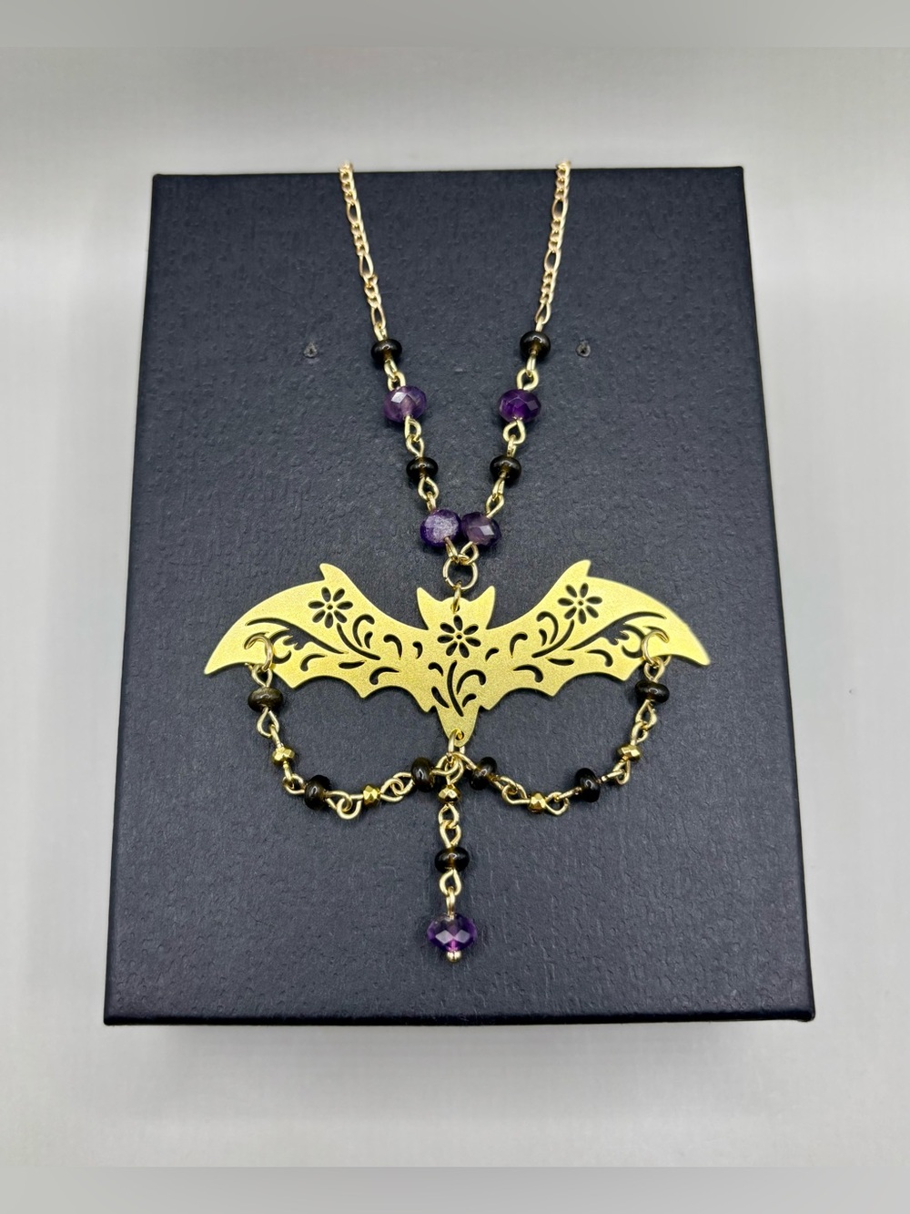 🦇💜Amethyst Golden Obsidian Naturecore Bat Necklace